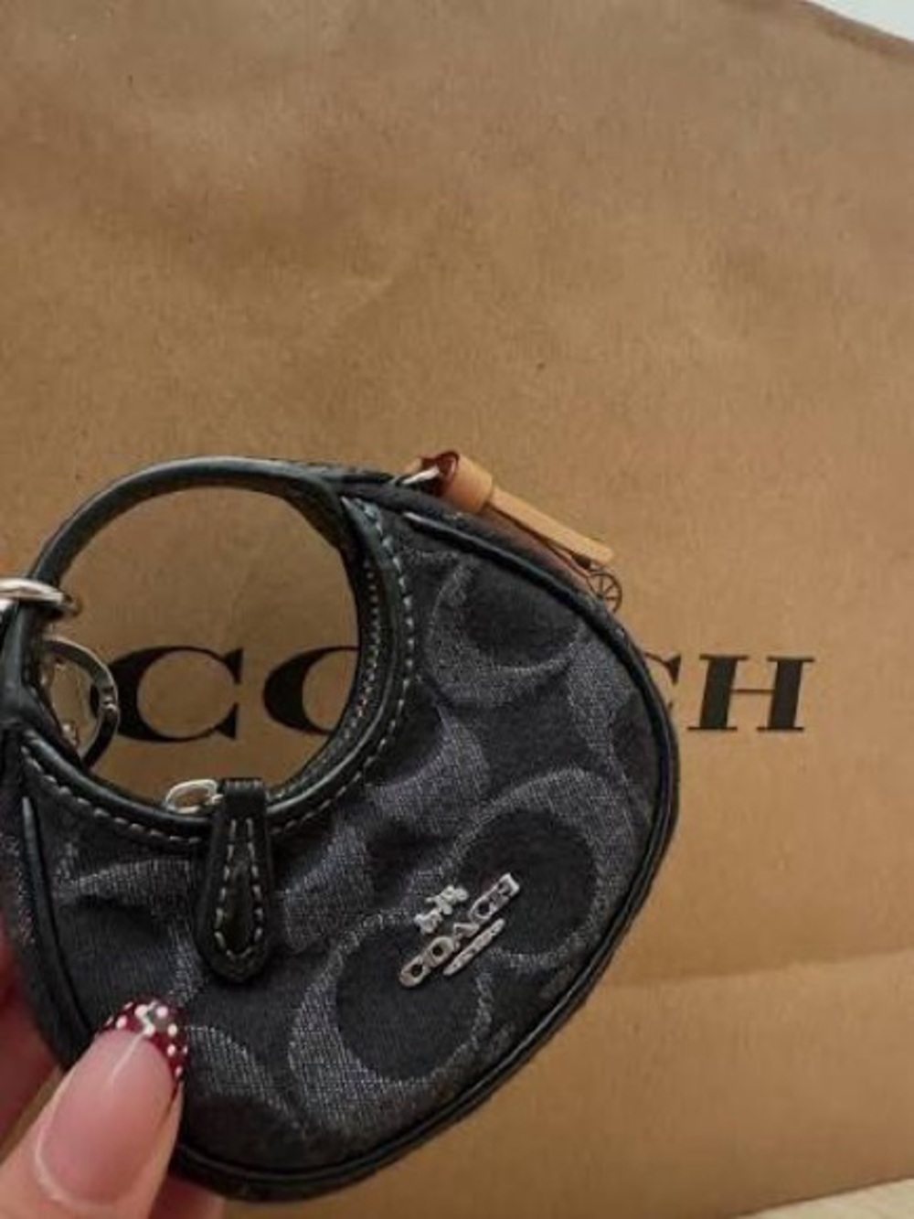 Coach Black Signature Crescent Mini Key Charm with Tan Accent